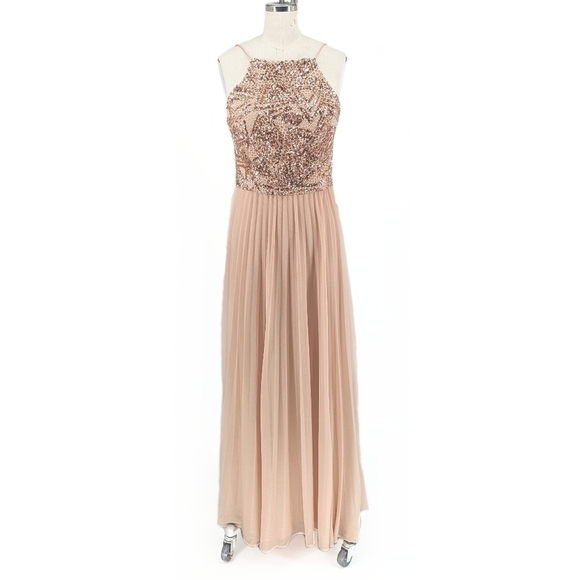 Cachet Dresses & Skirts - Cachet Sequin Pleated Mesh Maxi Dress Tan Rose Gold 6 evening formal wedding